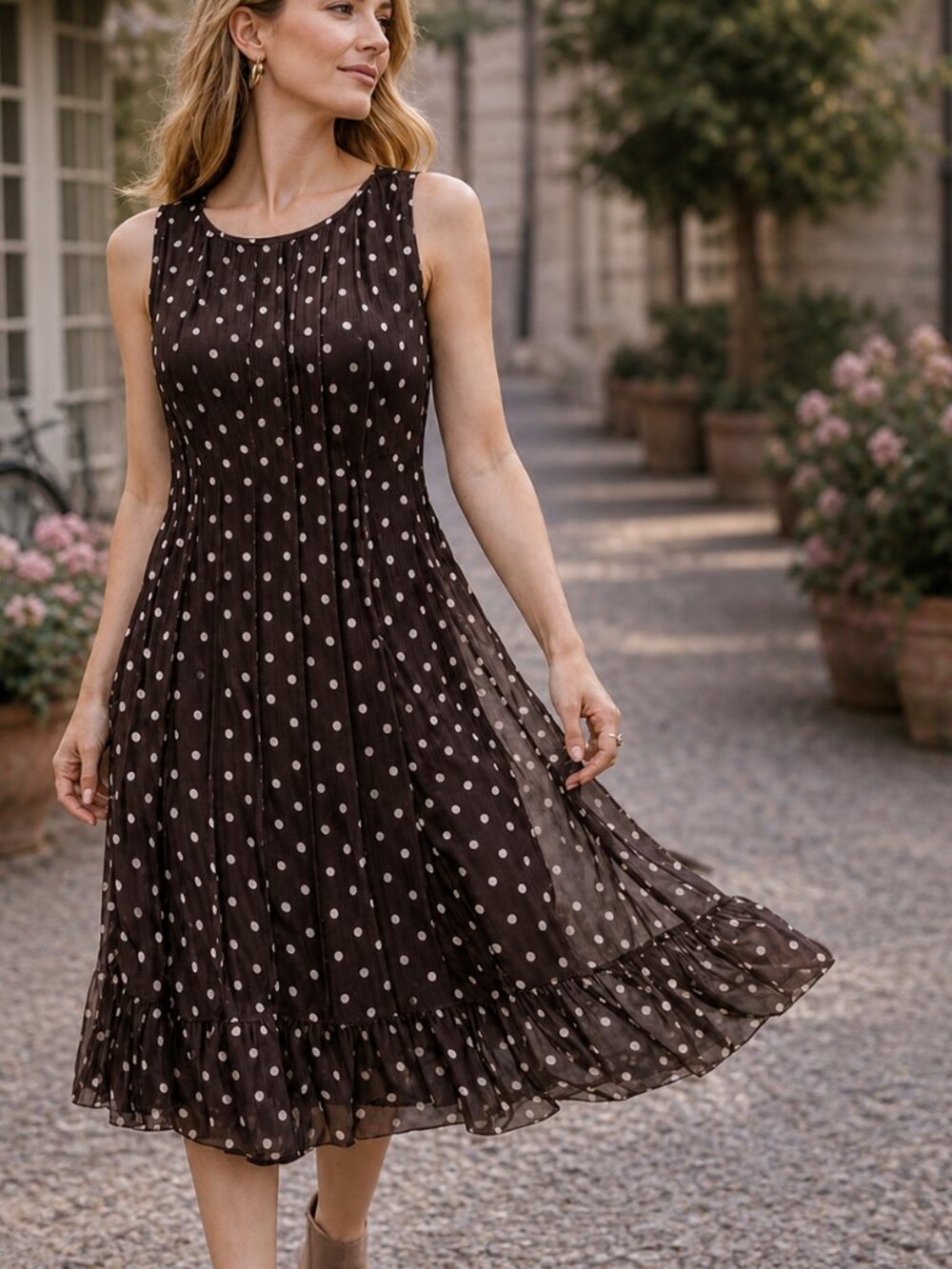 Womens Dress Brown Polka Dot Sheer Overlay SZ10 Flowy Romantic Cottagecore